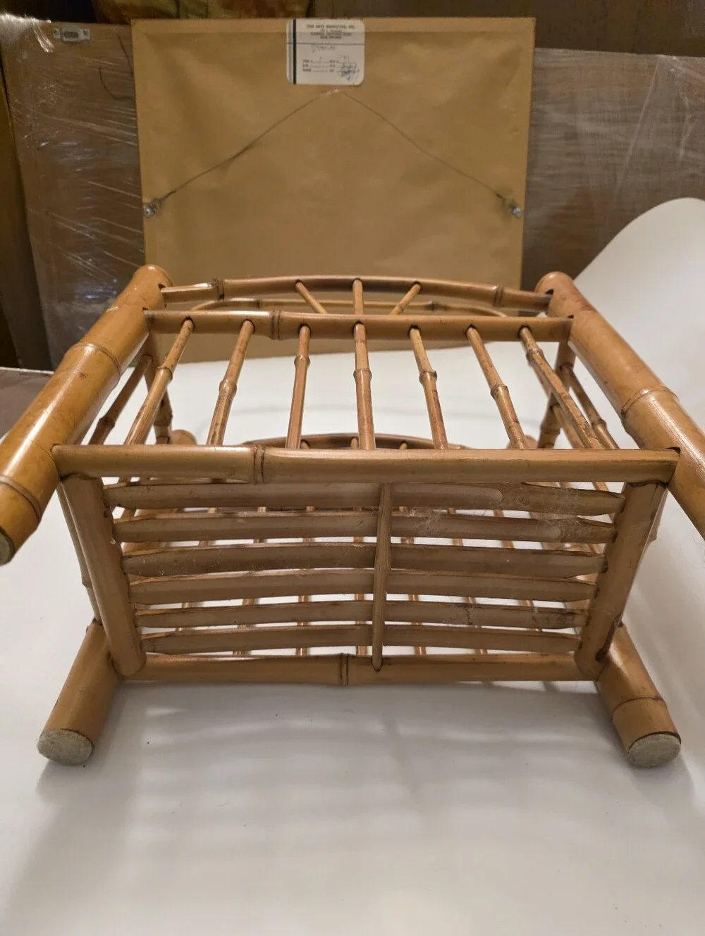Vintage MCM Bamboo Rattan Magazine Rack Sunburst Arch Handle Boho Tiki Storage